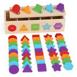 Colorful geometric shape sorting toy with wooden box and sorted shapes on a white background
