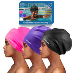 3 Pack Extra Large Swim Cap for Braids & Dreadlocks - Waterproof Silicone Swim Hat for Women & Men with Long Thick Hair, Protective Swim Cap Cover Ears for Swimming, Shower, Bathing