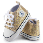 KKIIDDSS Unisex Baby Girls Boys Canvas High-top Shoes, Newborn Infant Anti-Slip Soft Sole Frist Walking Sneakers (B02/Sequin Gold,12-18 Months)