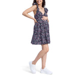 Motherhood Maternity Women's Short Flutter Sleeve Tiered Pregnancy Dress, Black Floral, Large