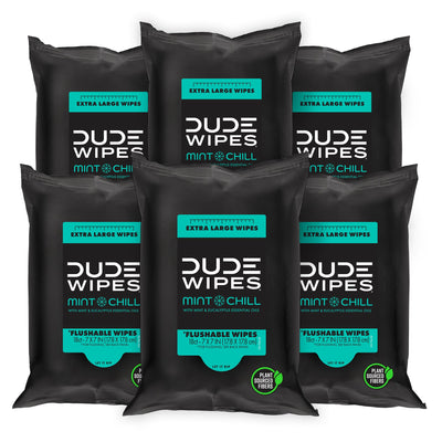 Multiple packages of Dude Wipes Mint & Chill on a white background