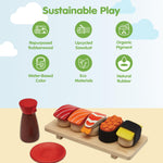 PlanToys® Wooden Pretend Play Food Sushi Kit for Kids | Kitchen Toy Includes Sushi Rolls, Nigiri, Soy Sauce Bottle & Serving Tray | Montessori Kitchen Role Play Toy for Toddlers