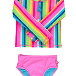 RuffleButts Baby/Toddler Girls Long Sleeve Rash Guard 2 Piece Swimsuit Set w/UPF 50+ Sun Protection with Zipper - Neon Rainbow Stripe, 2T
