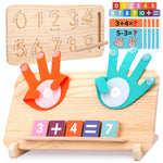 Wooden educational toy with number recognition and addition features on a white background