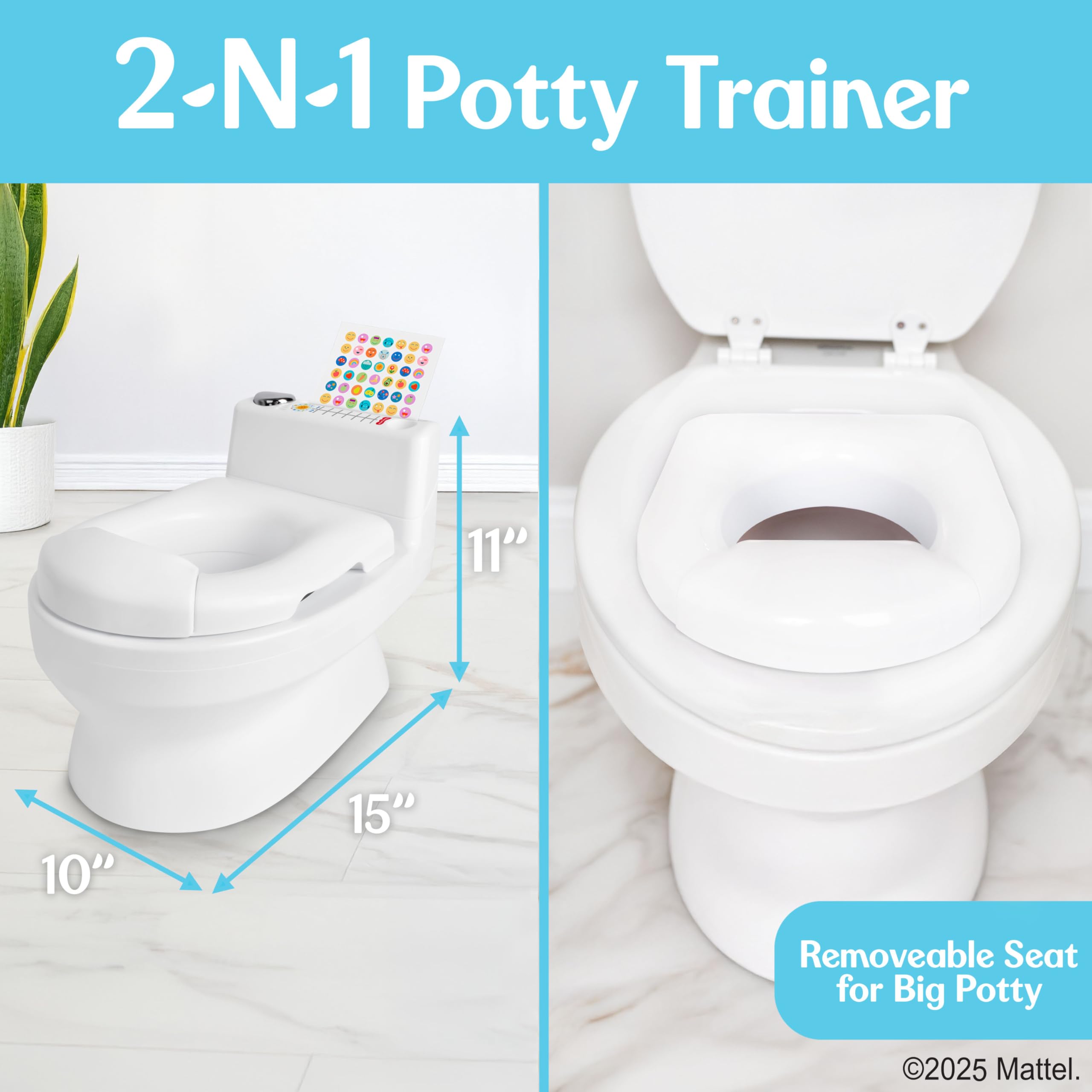 Fisher-Price™ 2-N-1 Potty Trainer with Flushing Sounds, Chart & Storage – White Floor Potty Chair with Splash Guard, Removable Ring & Bowl, Patented Snap Safe Ring Technology