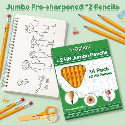 V-Opitos 14 Pack Jumbo #2 HB Pencils for Kids, Triangle Shape Pre-sharpened Wood-Cased Pencil with Top Eraser, Toddler First Pencils, Ideal Home, Kindergartens, School Classroom Supplies
