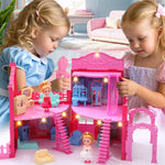 BRAITEN Doll House, with 4 Rooms, 2 Dolls, Toy Furniture Accessories, Pet Play Area，Slide Dollhouse Dlayset, Dollapsible Portable Playhouse with Lights for Little Girls