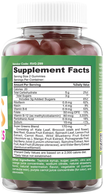 Feel Great Super Green Gummies for Kids | Fruit and Vegetable Gummies | Vegan Veggie Gummy Multivitamin for Kids | Veggie Fiber Supplement | 60 Count