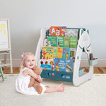Costzon 3 in 1 Kids Art Easel, Double-Sided Magnetic Dry Erase Board and Kids Book Rack with Chair and Foldable Desktop, Adjustable Standing Easel with Two Storage Baskets, Pen Container (Green)