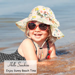 Baby Girl Sun Hat with UPF 50+ Outdoor Adjustable Beach Hat with Wide Brim Bucket Hats (12-24 Months, Pink-Blue Printing)