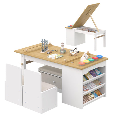Art Kids Table and Chair Set with Storage - Child Table and Chair Set w/ Easel, Open Shelves, Paint Cups, Paper Roll, Toddler Play Table w/ Bench & 2 Chairs, Art Desk for Kids Draw, Craft (Natural)