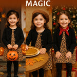 PATPAT Toddler to Big Kid Cotton Dress with Matching Cardigan – Ideal for Seasonal Wear, Black Leopard, 5-6 Years