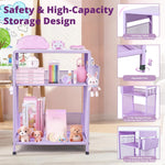 ECOLOVI Kids Nightstand 19in High for Floor Beds, 3-Tier Metal Small Bedside Table with Adjustable Storage Shelf, Basket & 3 S-Hooks, Low Nightstand for Nursery, Toddler Bedroom (Purple)