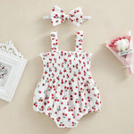 Tsseiatte Newborn Baby Girl Summer Bodysuit Print One Piece Ruffle Strap Romper Jumpsuit Cotton Playsuit with Headband (A-White Cherry, Newborn)