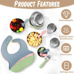 Yinder 15 Pack 304 Stainless Steel Baby Feeding Set Baby LED Weaning Supplies Kids Bowls with Removable Silicone Shell Spoons Forks Silicone Pocket Bibs Cup for Toddler Food Feeding Dishwasher Safe