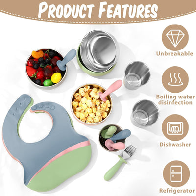 Yinder 15 Pack 304 Stainless Steel Baby Feeding Set Baby LED Weaning Supplies Kids Bowls with Removable Silicone Shell Spoons Forks Silicone Pocket Bibs Cup for Toddler Food Feeding Dishwasher Safe