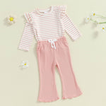 FOCUSNORM Toddler Baby Girl Outfits Ruffle Long Sleeve Striped Trim Tops + Flare Pants Set Toddler 2Pcs Fall Winter Clothes (Striped Pink, 18-24 Months)