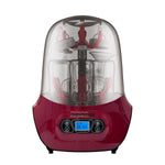 Red and clear baby bottle sterilizer with digital display on a white background