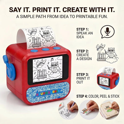 NeuroBuddie AI Sticker Box Printer for Kids, Voice-to-Sticker, Magic Thermal Sticker Maker with Display, Inkless Portable Mini Printer for Coloring Creative DIY Fun, 6 Rolls Paper Included