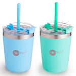 Two turquoise tumblers with straws and lids on a white background, featuring the PopYum brand.