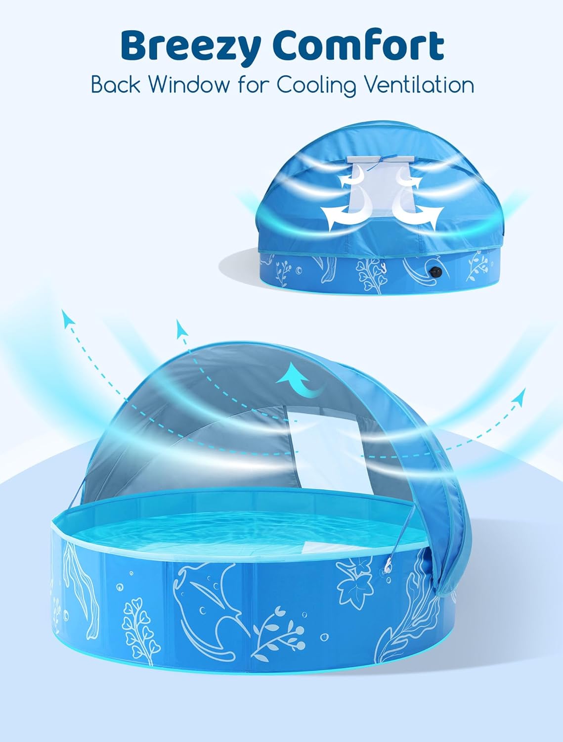 Foldable Kiddie Pool with Canopy: 47in Baby Pool and Beach Tent for Toddlers Infants 6-12 Months and Kids 2-4 Years Old - Portable Water Play with Shade for Outdoor Backyard Beach (Blue-Blue)