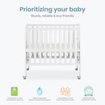 Dream On Me 3-in-1 Portable Folding Stationary Side Mini Baby Crib in White & Mattress, GreenGuard Gold & JPMA, Use as Changer & Playpen, Locking Wheels, 3 Mattress Heights, Extra Firm Mattress