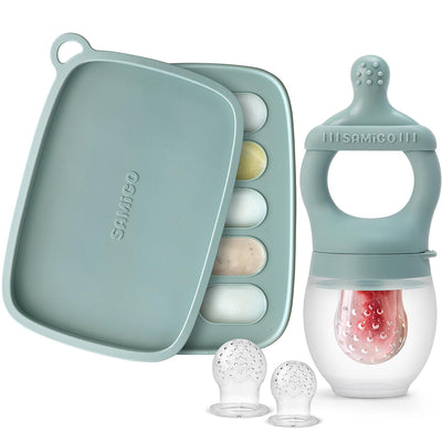 Baby food preparation set with a green container, baby bottle, and silicone components on a white background.