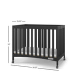 Child Craft London Mini Compact Folding Portable Crib with 2” Crib Mattress and 2 Easy Roll Locking Wheels, Durable Pine Wood Construction (Ebony Black)