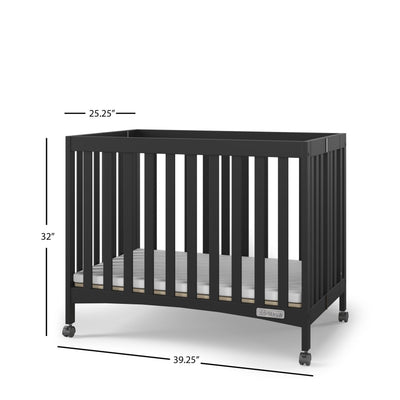 Child Craft London Mini Compact Folding Portable Crib with 2” Crib Mattress and 2 Easy Roll Locking Wheels, Durable Pine Wood Construction (Ebony Black)