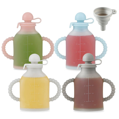 Four baby bottles with handles, each containing a different colored liquid, on a white background.