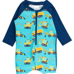 RUGGEDBUTTS Baby/Toddler Boy Swimsuit, One Piece Zipper Rash Guard Sunsuit with UPF 50+ Sun Protection - Under Construction, 6-12m