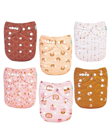Set of six patterned cloth diapers on a white background