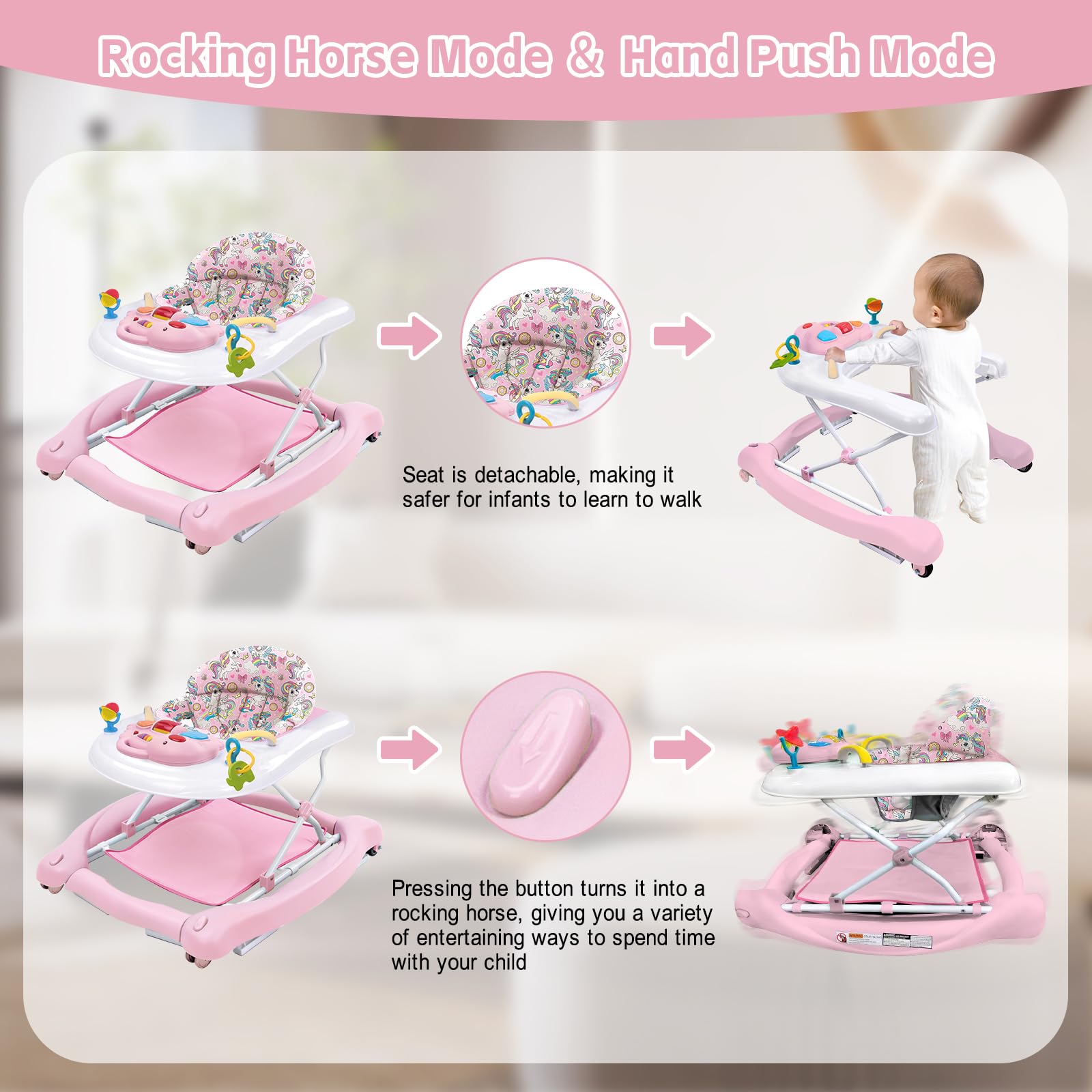 5 in 1 Foldable Baby Walker, Activity Baby Walker-Baby Bouncer, Rocker, Activity Center,Seat and Push Walker,Detachable Trampoline Mat, Adjustable Speed Rear Wheels and Height,Ages 6-18 Months(Pink)