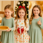 PATPAT Toddler Girl 2-Pack Long Sleeve A-line Dress Set Spring Festivals & Family Photos, Light Green Flower, 6-7 Years