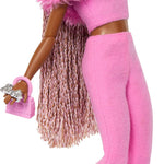 Barbie Deluxe Style Doll #4 in Barbiecore Outfit, Pink and Brown Braids, Soft Pink Top and Pant Set with Furry Collar and Fun Accessories