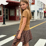 PATPAT Girls 2 Piece Skirt Sets Size 7-8 Years, Brown Shirts + Red Plaid Skirts Clothing Sets Summer Outfits, Tween Girls Trendy Clothes Y2K Outfits Streetwear