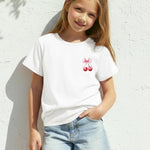PATPAT Girls T Shirts Size 6-7 Years, White Cherry Print Graphic Tees, Crew Neck Short Sleeve Shirts Kawaii Clothes Big Sister Outfit Dance Tops