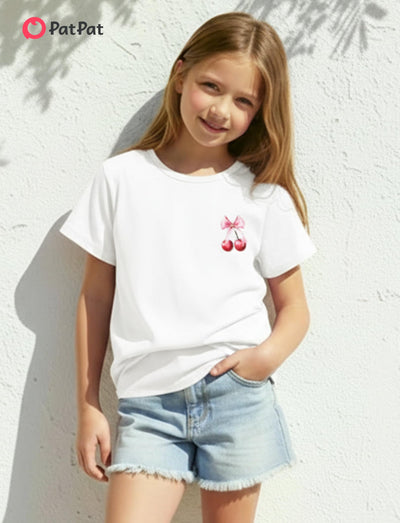 PATPAT Girls T Shirts Size 6-7 Years, White Cherry Print Graphic Tees, Crew Neck Short Sleeve Shirts Kawaii Clothes Big Sister Outfit Dance Tops