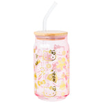 Silver Buffalo Sanrio Hello Kitty Gingerbread Cookies Christmas Holiday Pink and Gold Foil Glass Jar Tumbler with Bamboo Lid and Glass Straw, 16 Ounces