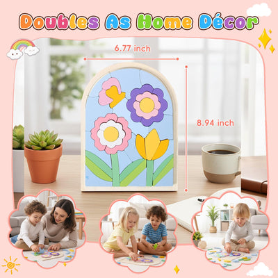 Safmord Montessori Wooden Shape Puzzles - Color Matching & Cognition Fun for Kids Over 3 Years Old, with Rainbow Blocks & Themes, Fine Motor Skill Building Toys & Gifts (Flower)
