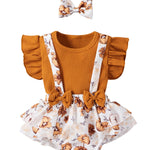 Fanvereka Newborn Infant Baby Girl Summer Outfits Romper Dress Flower Toddler Girls Tops Suspender Shorts + Headband Set (Coffee, 3-6 Months)