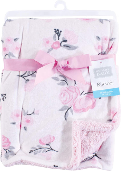 Hudson Baby Unisex Baby Plush Mink and Sherpa Blanket, Pink Floral, One Size