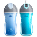 Two blue children's sippy cups with gray lids on a white background, featuring the Chicco brand.