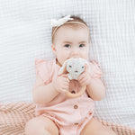 Pearhead Floral Bunny Wooden Baby Teething Ring, Natural Wood & Plush Infant Teether Rattle, BPA-Free Newborn Gum Soother, Easy-Grip Sensory Toy, 0 Months+