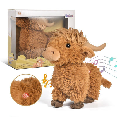 Plush toy Highland cow with packaging and close-up of texture on a white background