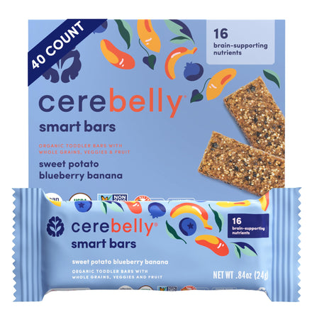 Cerebelly smart bars packaging with blue background and colorful design