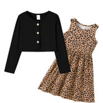 PATPAT Toddler to Big Kid Cotton Dress with Matching Cardigan – Ideal for Seasonal Wear, Black Leopard, 5-6 Years