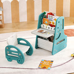 Tiita Kids Table and Chair Set, 3 in 1 Convertible Art Easel & Display Bookshelf w/Magnetic Painting Board, Bottom Storage Shelf, Children Activity Table Set for Drawing Reading, Blue