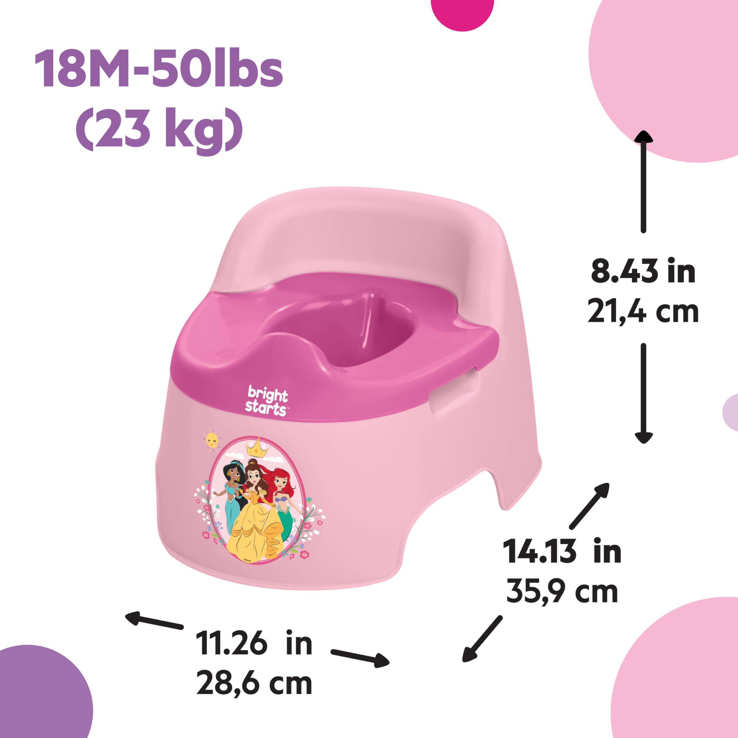 Bright Starts Disney Princess Full Comfort Potty Training Toilet, Easy Clean Removable Bowl, Splash Guard, High Back for Comfort & Stability, Toddlers up to 50 lbs