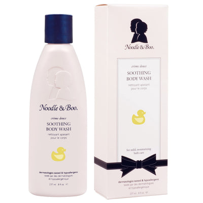 Noodle & Boo soothing body wash bottle and packaging on a white background